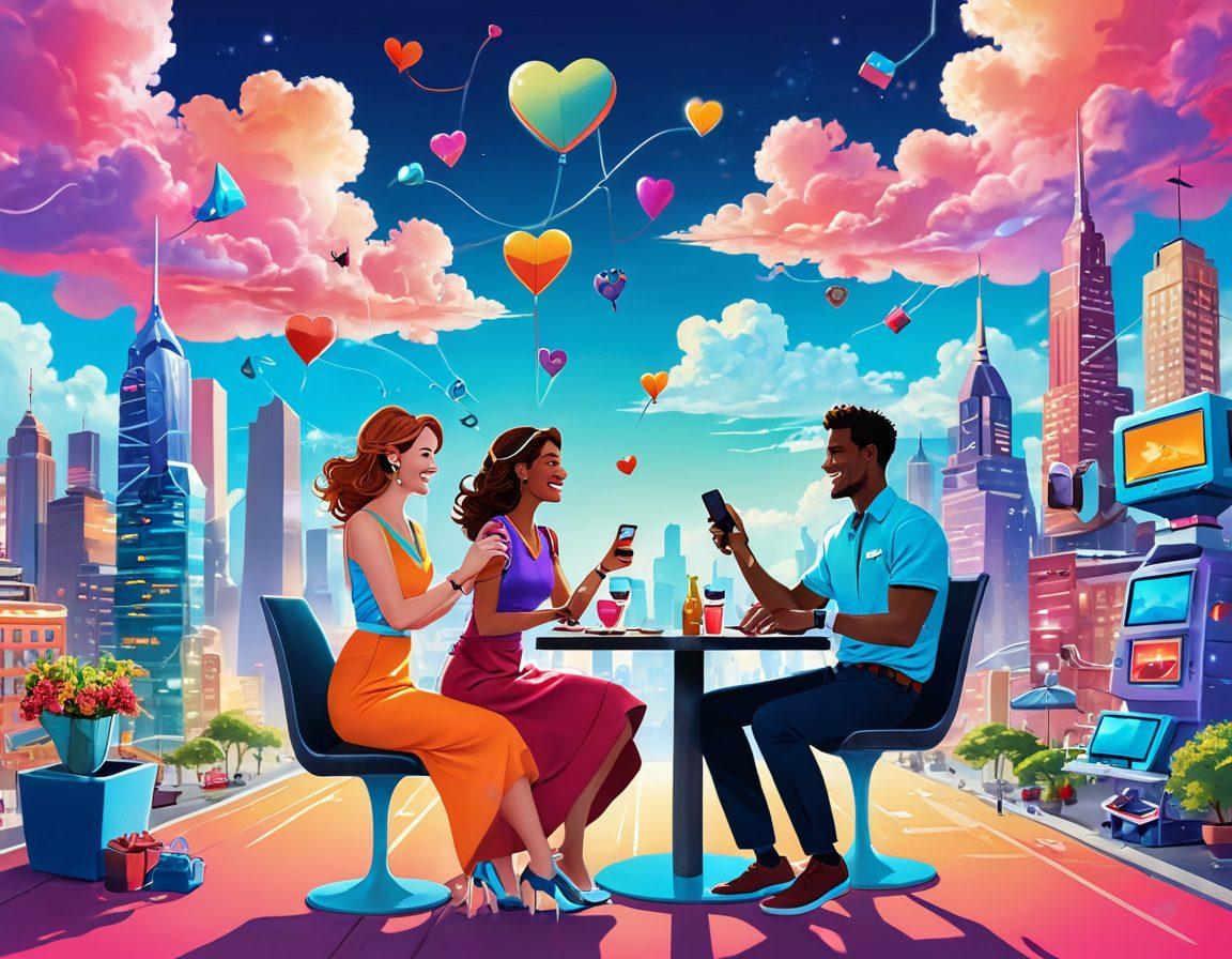 A whimsical illustration of a couple engaged in a playful and modern date, surrounded by futuristic gadgets and vibrant colors. They are laughing and trying out quirky inventions like a robot waiter and a virtual reality date experience. The background features a bustling cityscape with heart-shaped clouds, symbolizing romance and innovation. ultra-modern, colorful, playful style.
