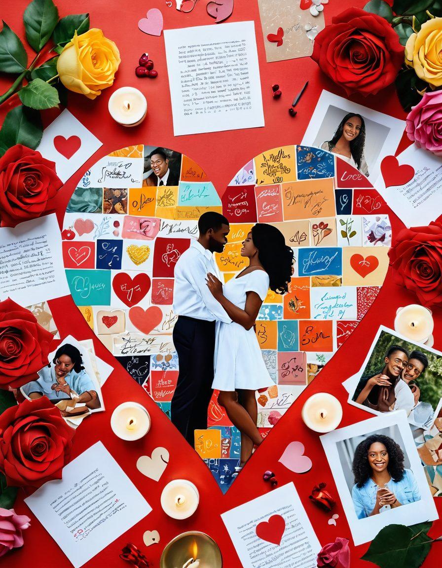 A heart-shaped collage showcasing diverse couples sharing moments of passion, such as cooking together, dancing, and writing love letters. Include vibrant colors to convey warmth and intimacy, with elements like roses, handwritten notes, and candles in the background. Capture the essence of modern relationships with a blend of technology, like video calls and text messages, symbolizing connection. super-realistic. vibrant colors. soft focus.