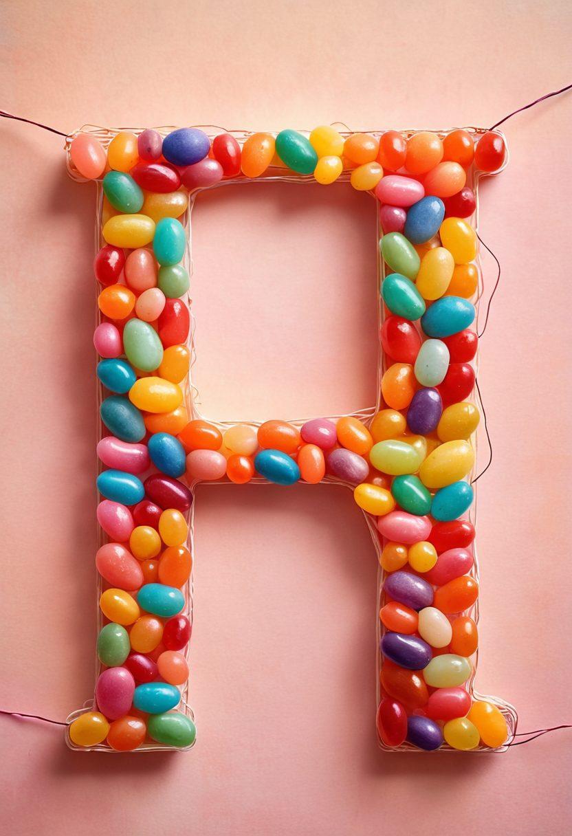 A whimsical scene featuring colorful jellybeans transforming into heartfelt letters and messages, creatively intertwined with strings of vibrant thread connecting them. A warm, inviting background suggests a sense of connection and nostalgia, with soft lighting that enhances the emotional tone. Include a playful mix of pastel colors to evoke joy and warmth. watercolor illustration. vibrant colors. soft focus.